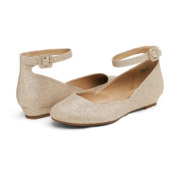 Ankle Strap Low Wedge Flats - GOLD GLITTER - 4
